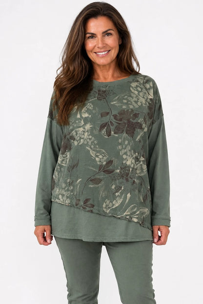 Cotton Needlecord Floral Dianna Top - Khaki