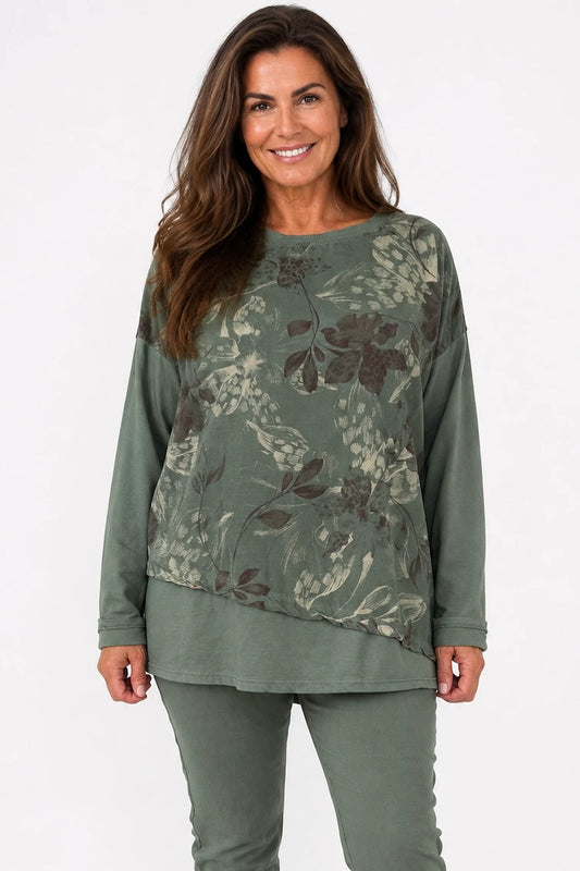 Cotton Needlecord Floral Dianna Top - Khaki