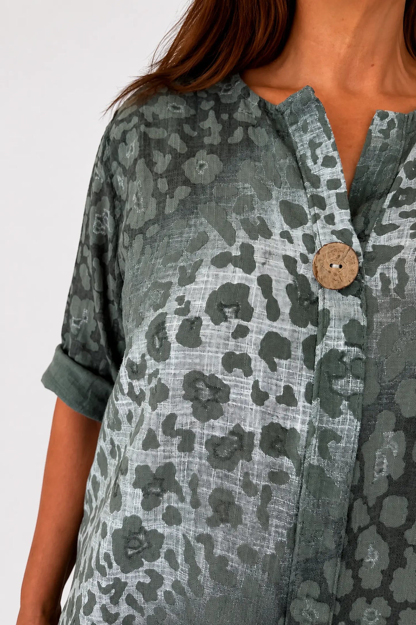 Pure Cotton Leopard Felicity One Button Shirt - Khaki