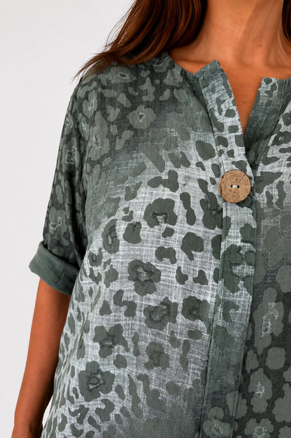 Pure Cotton Leopard Felicity One Button Shirt - Khaki