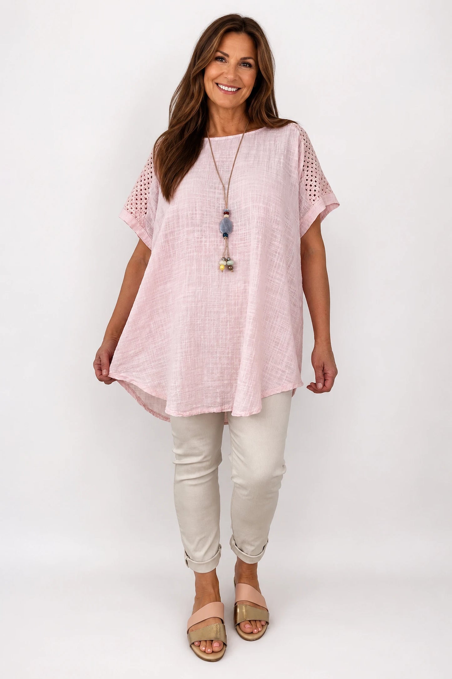 Pure Cotton Crochet Detail Francesca Necklace Top - Rosewood Pink