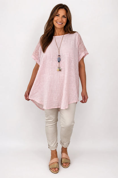 Pure Cotton Crochet Detail Francesca Necklace Top - Rosewood Pink