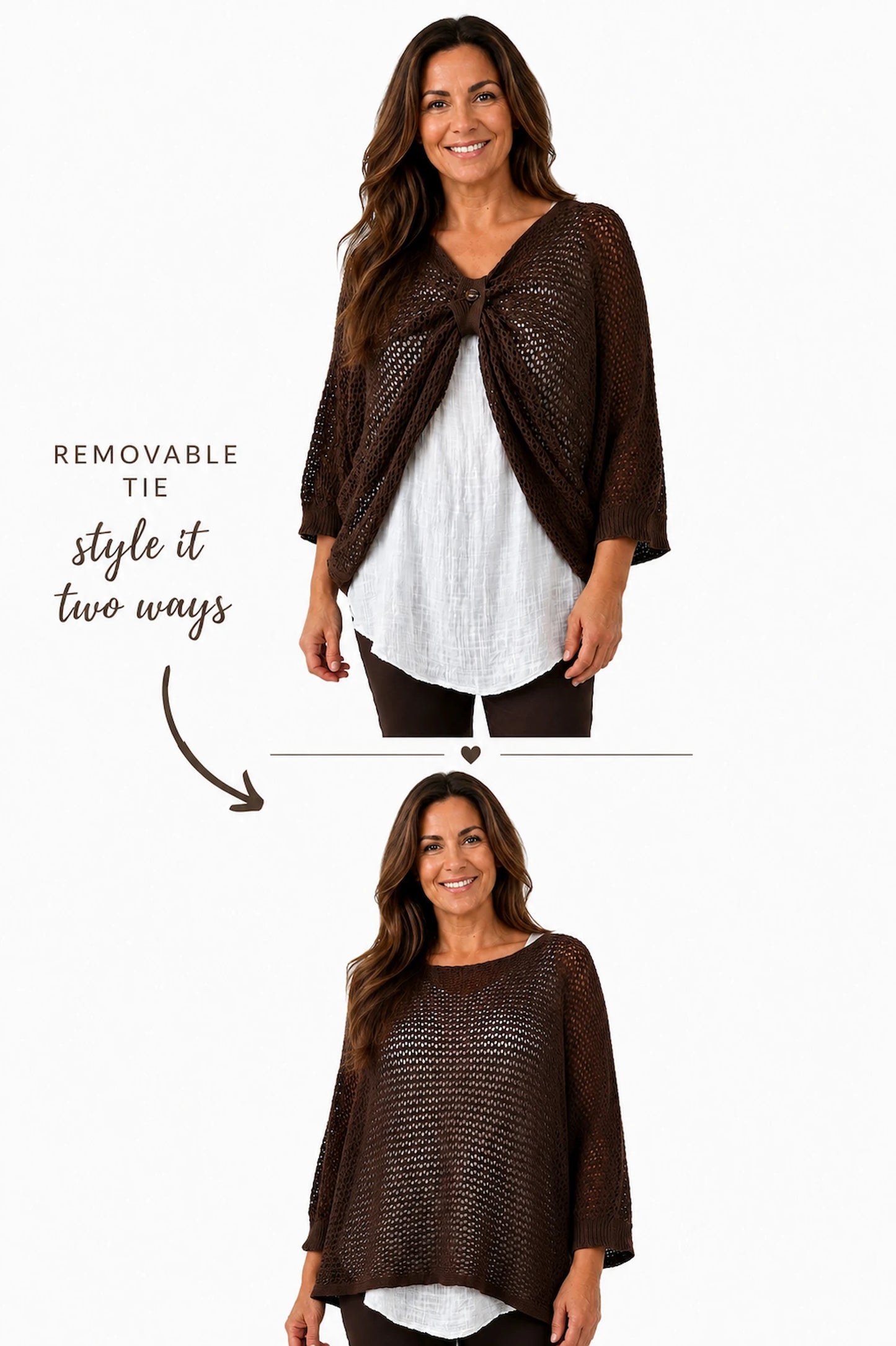 Pure Cotton Removable Tie Alexandra Batwing Crochet Top - Chocolate