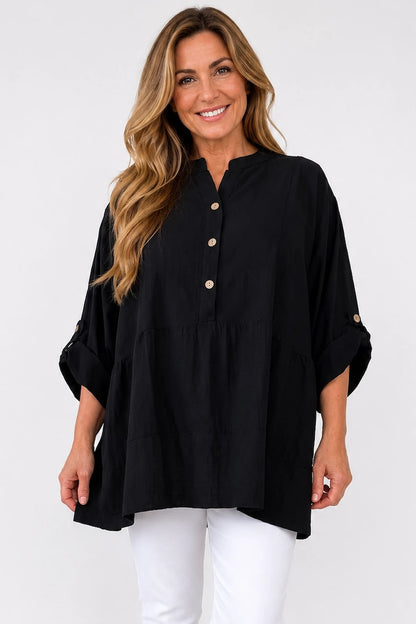 Linen Cotton Blend Button Sleeve Monica Button Shirt - Black