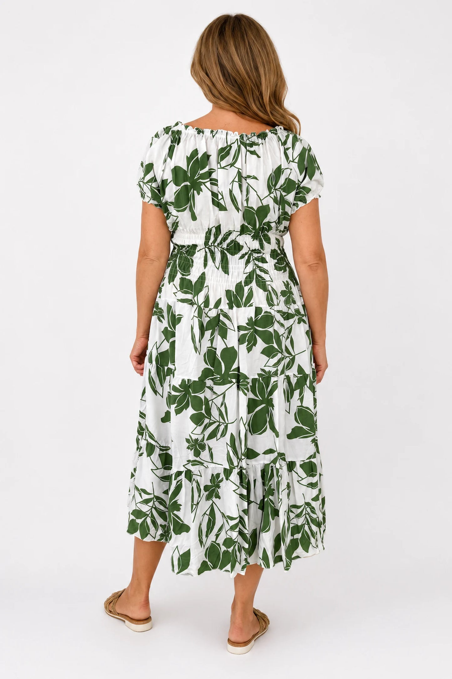 Cotton Button Detail Elasticated Waist Panel Floral Dasia Dress - Light Khaki