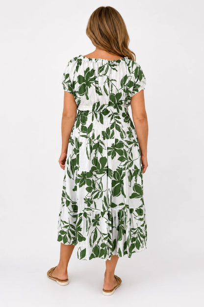 Cotton Button Detail Elasticated Waist Panel Floral Dasia Dress - Light Khaki