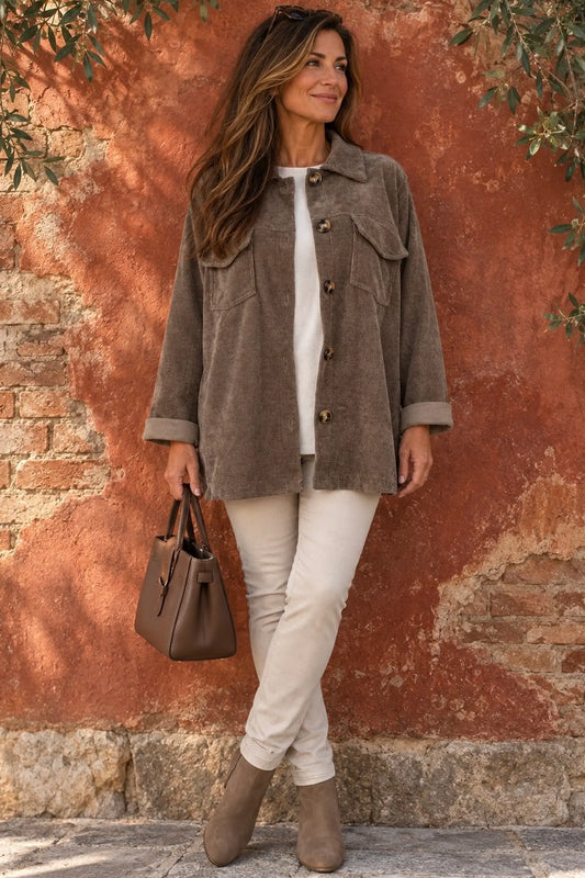 Chenille Double Pocket Charmaine Button Jacket - Mocha