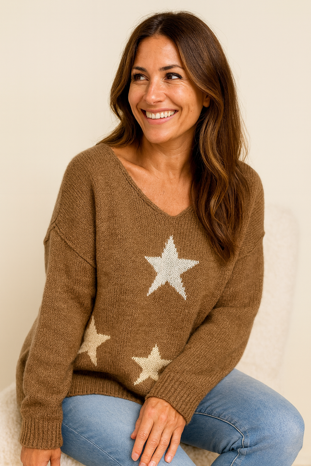 Wool Mix Paris Star Jumper - Tan Brown