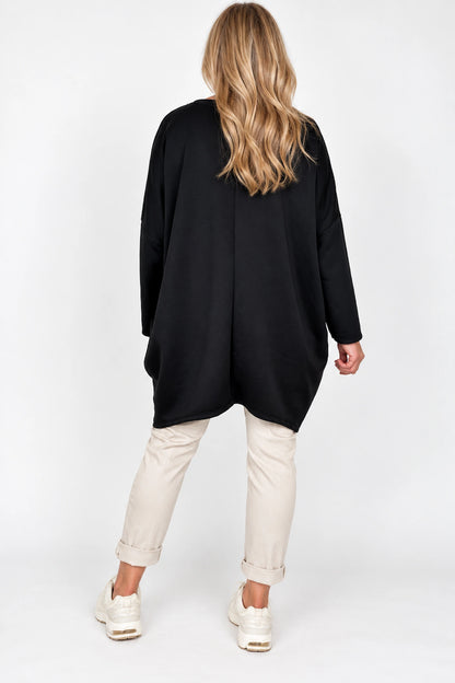 Zipped Hem Leopard Patch Badge Detail Double Pocket Varsia Top - Black