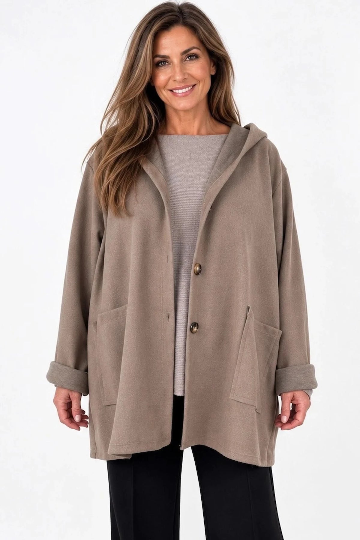 Wool Mix Brushed Double Patch Pocket Italia Button Hooded Coat - Mocha
