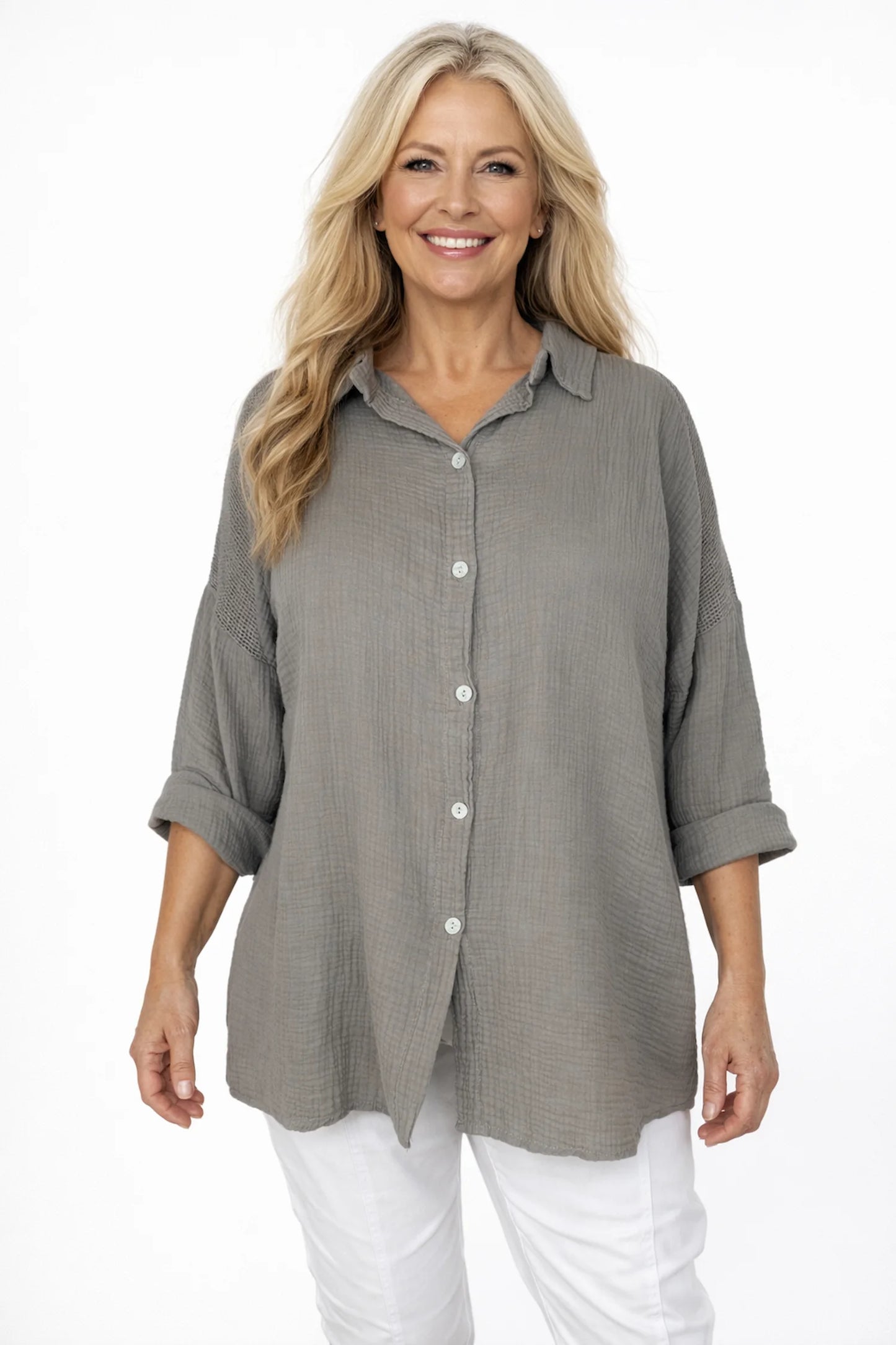 Pure Bubble Cotton Mesh Sleeve/Back Detail Celeste Button Shirt - Mocha