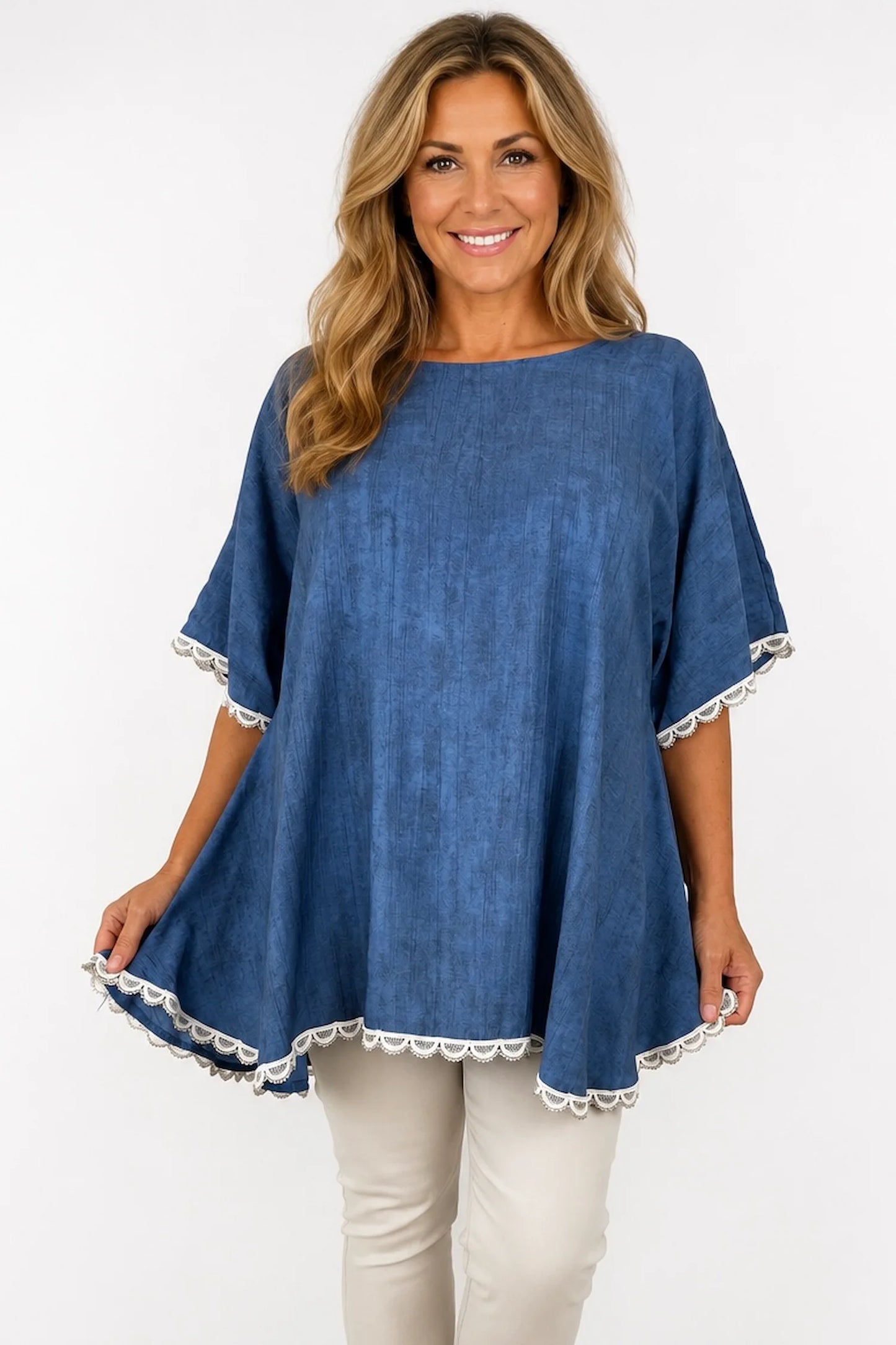 Lightly Textured Lace Trim Victoria Top - Washed Denim