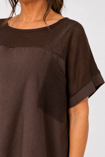 Linen Cotton Mix Mesh Detail Amalfi Pocket Top - Chocolate
