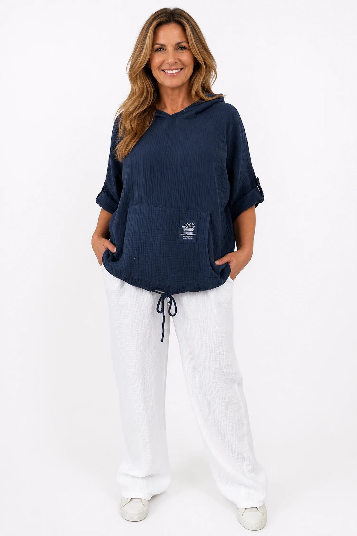 Pure Bubble Cotton Double Pocket Elasticated Waist Carla Wide Leg Pants - White