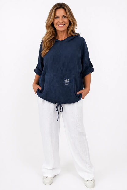 Pure Bubble Cotton Double Pocket Elasticated Waist Carla Wide Leg Pants - White