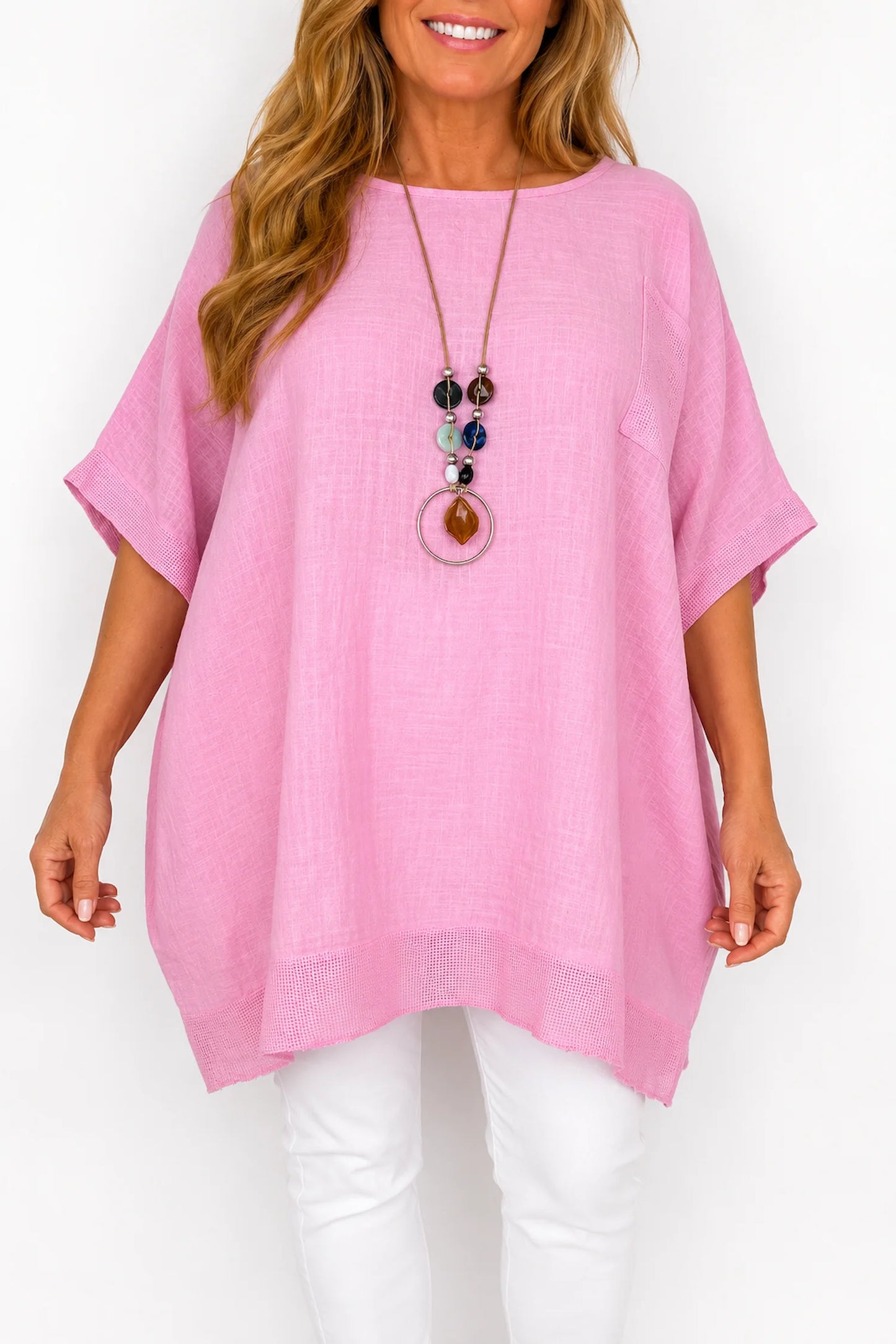 Pure Cotton Mesh Detail Pocketed Portofino Necklace Top - Baby Pink