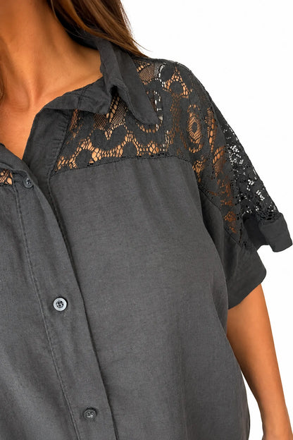 Lace Crochet Shoulder Alexandra Button Shirt - Black
