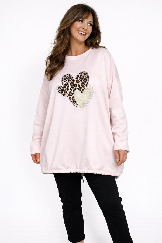Diamanté Leopard Heart Draw String Tied Detail Carmella Sweatshirt - Baby Pink