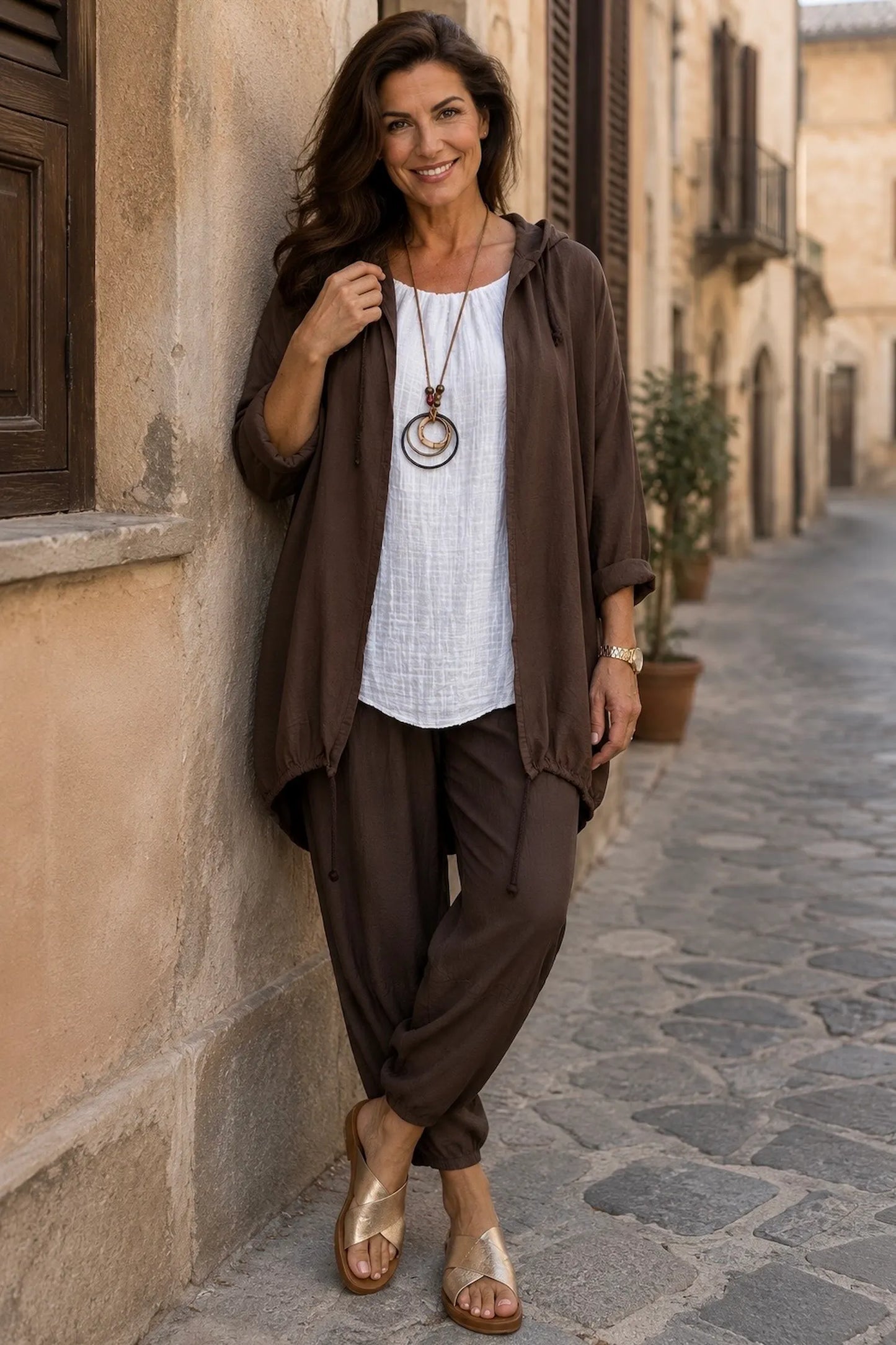 Drawstring Hem Lightweight Hooded Amirella Jacket - Chocolate