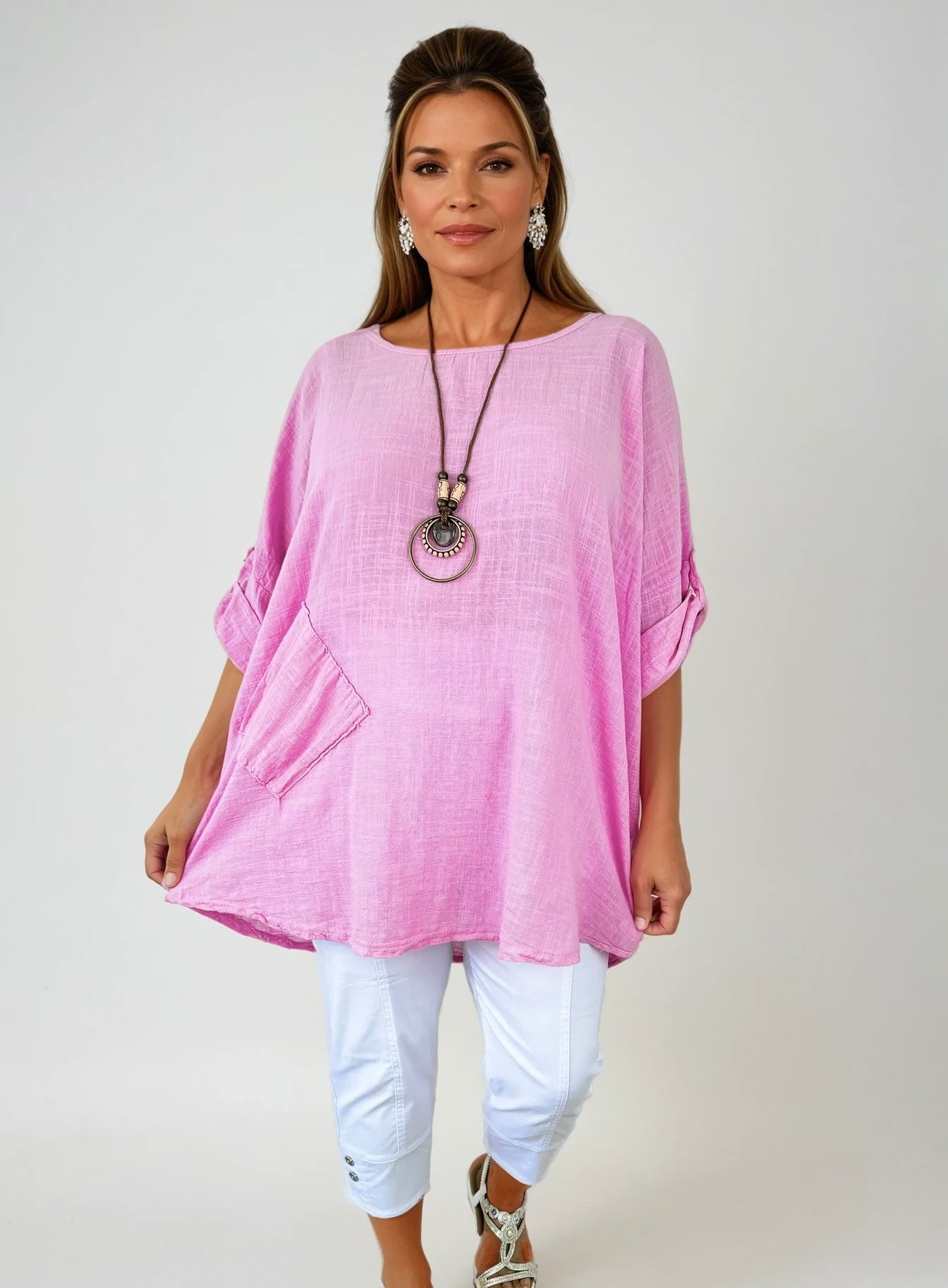 Pure Cotton Pocket Detail Button Sleeve Venice Necklace Top - Baby Pink