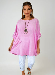 Pure Cotton Pocket Detail Button Sleeve Venice Necklace Top - Baby Pink