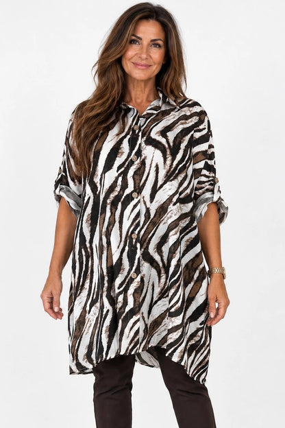 Pure Cotton Shimmer Finish Button Sleeve Viana Zebra Longline Button Shirt - Zebra