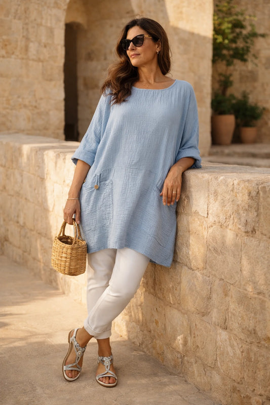 Bubble Cotton Double Button Pocket Tunic Top - Baby Blue