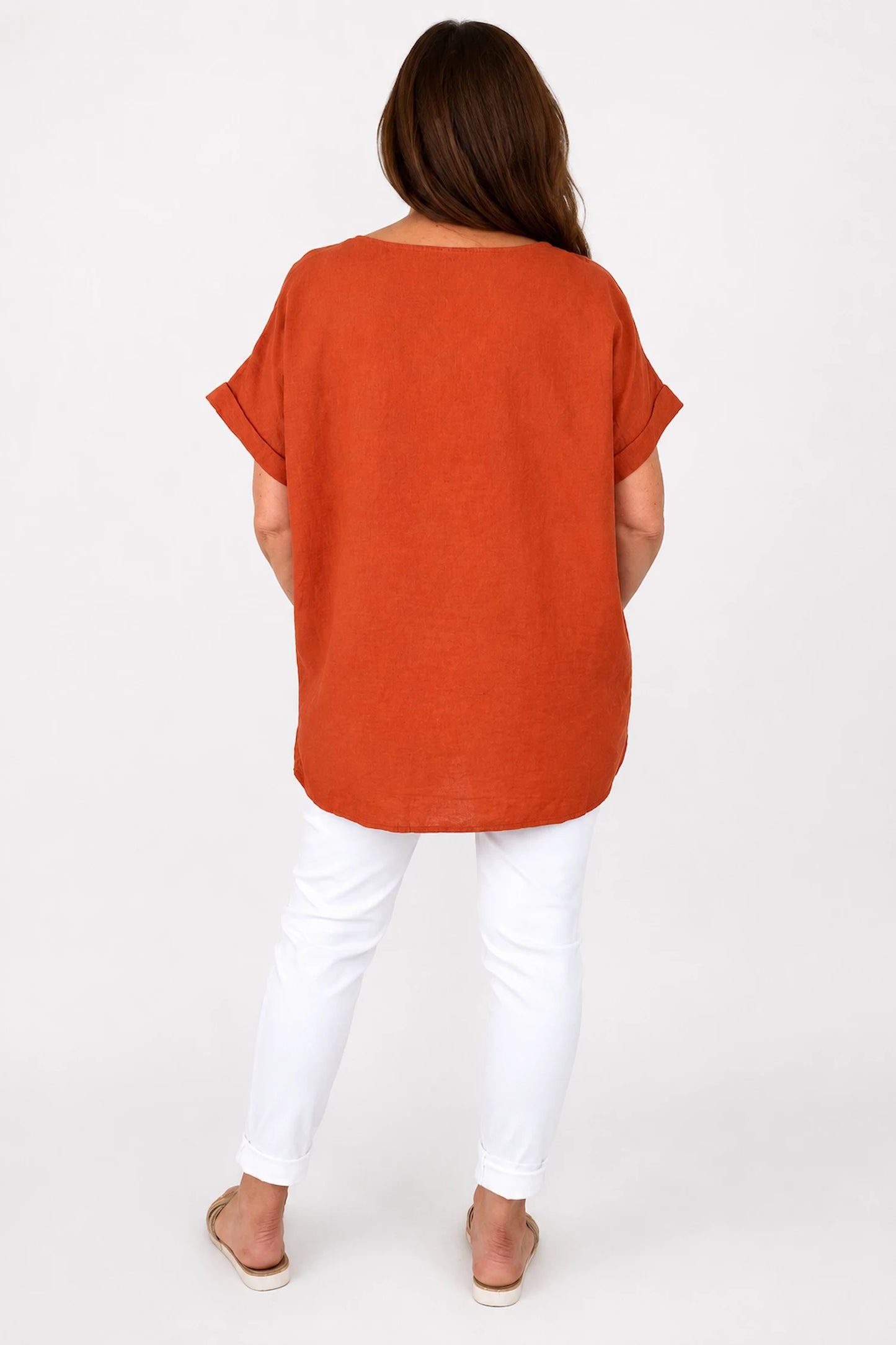 Linen Cotton Mix Mesh Detail Amalfi Pocket Top - Spice Terracotta