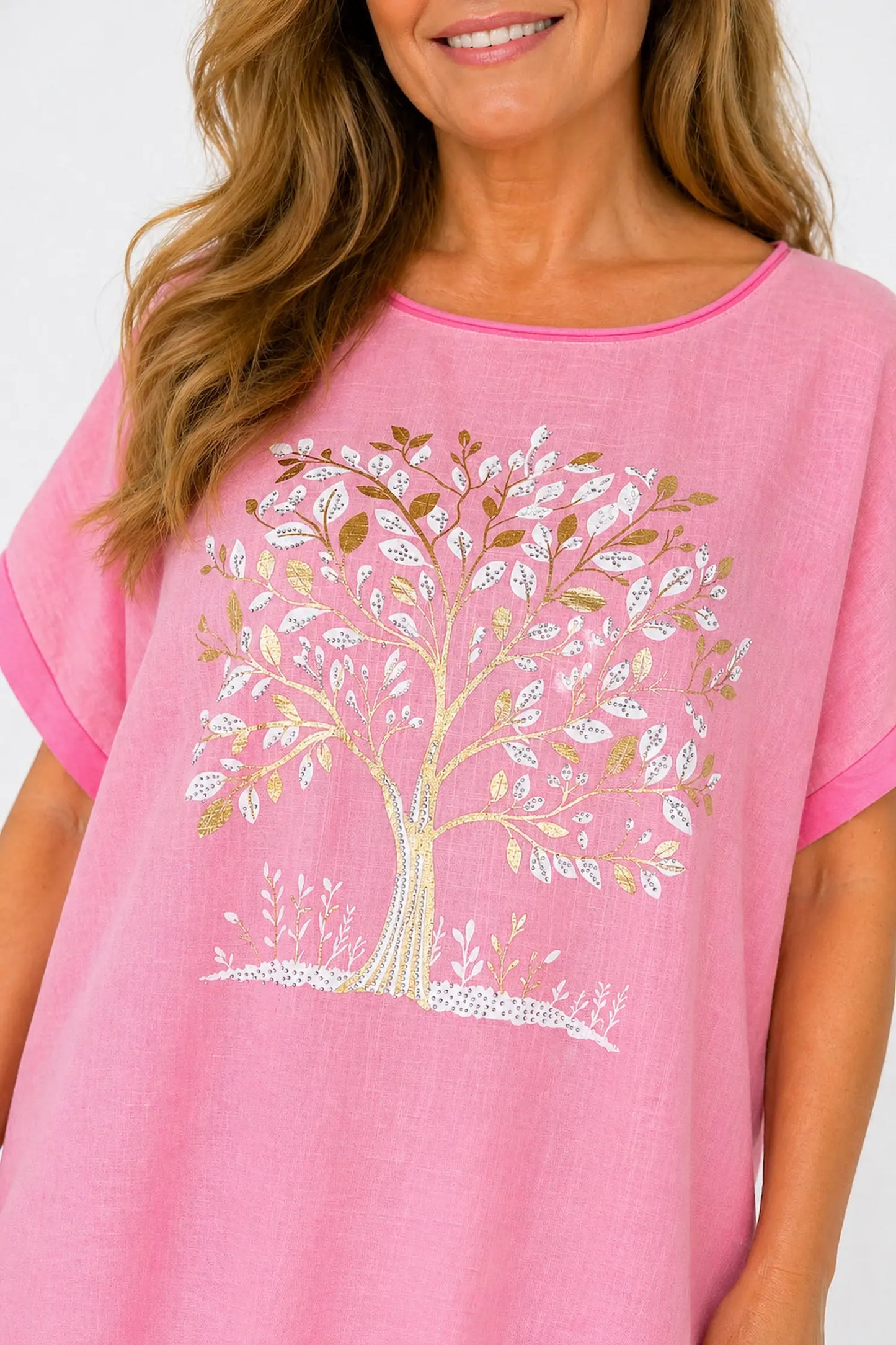 Linen Cotton Mix Diamanté Golden Leaf Carletta Top - Summer Rose Pink
