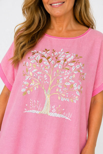Linen Cotton Mix Diamanté Golden Leaf Carletta Top - Summer Rose Pink