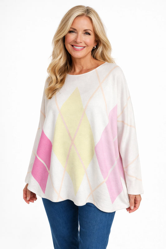 Premium Spring Knit Argyle Sofia Seam Sleeve Top - Vanilla/Rose/Blush Pink