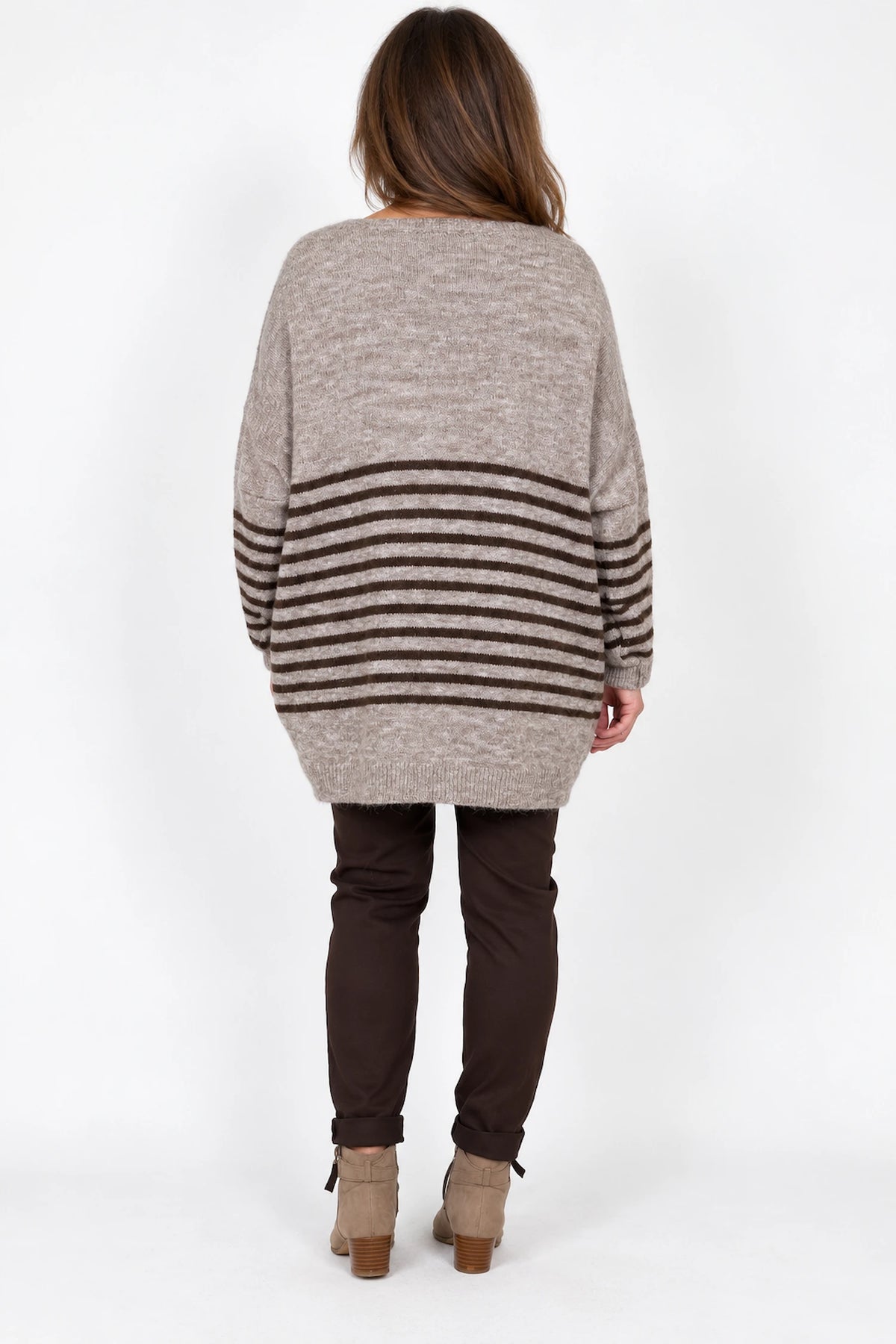 Wool Mix Perla Stripe Button Cardigan - Mocha