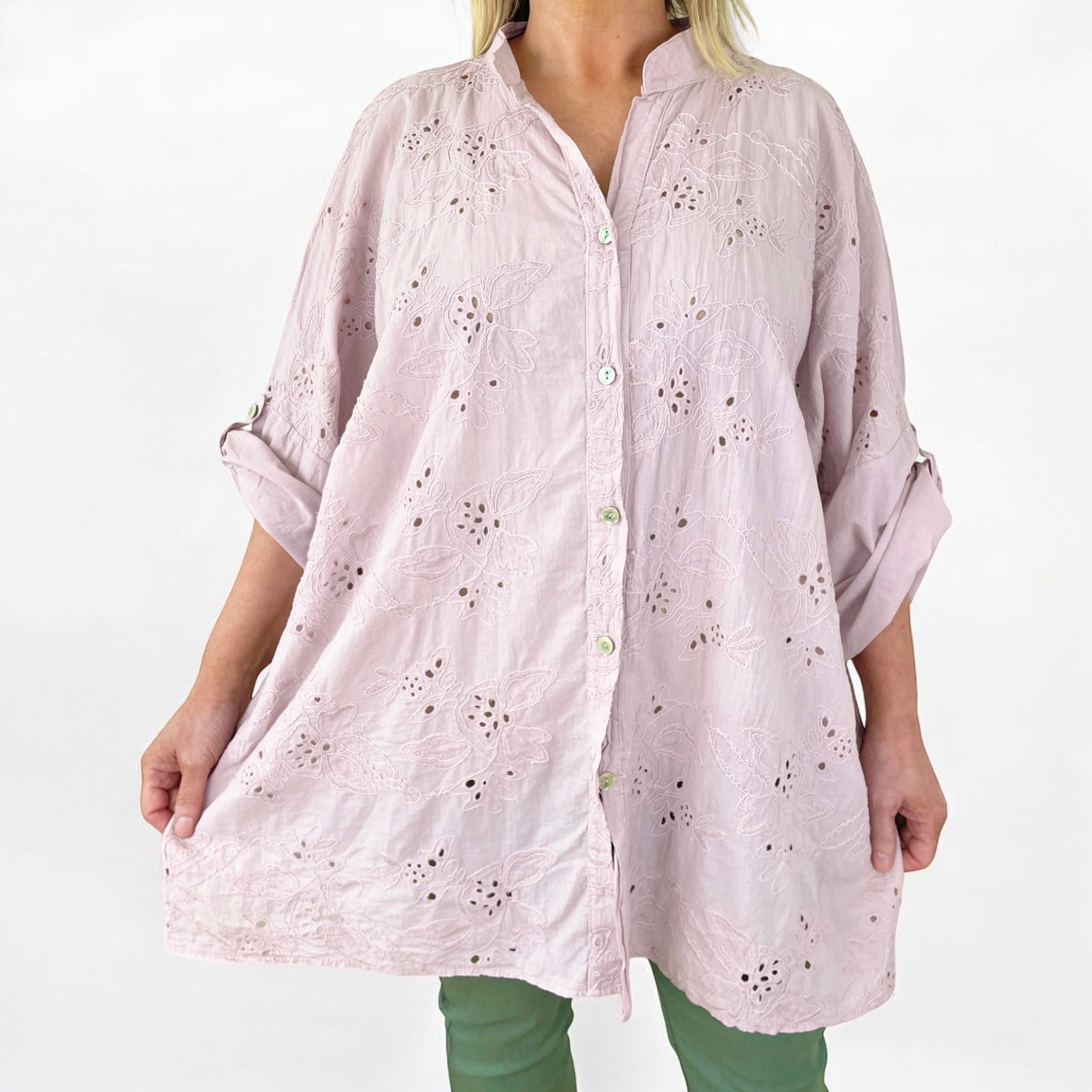 Cotton Oversized Embroidery Anglaise Button Sleeve Shirt - Dusky Pink