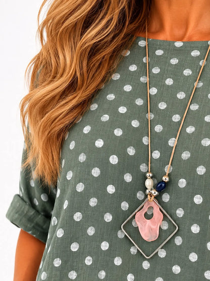 Pure Cotton Polka Dot Mari Necklace Top - Khaki