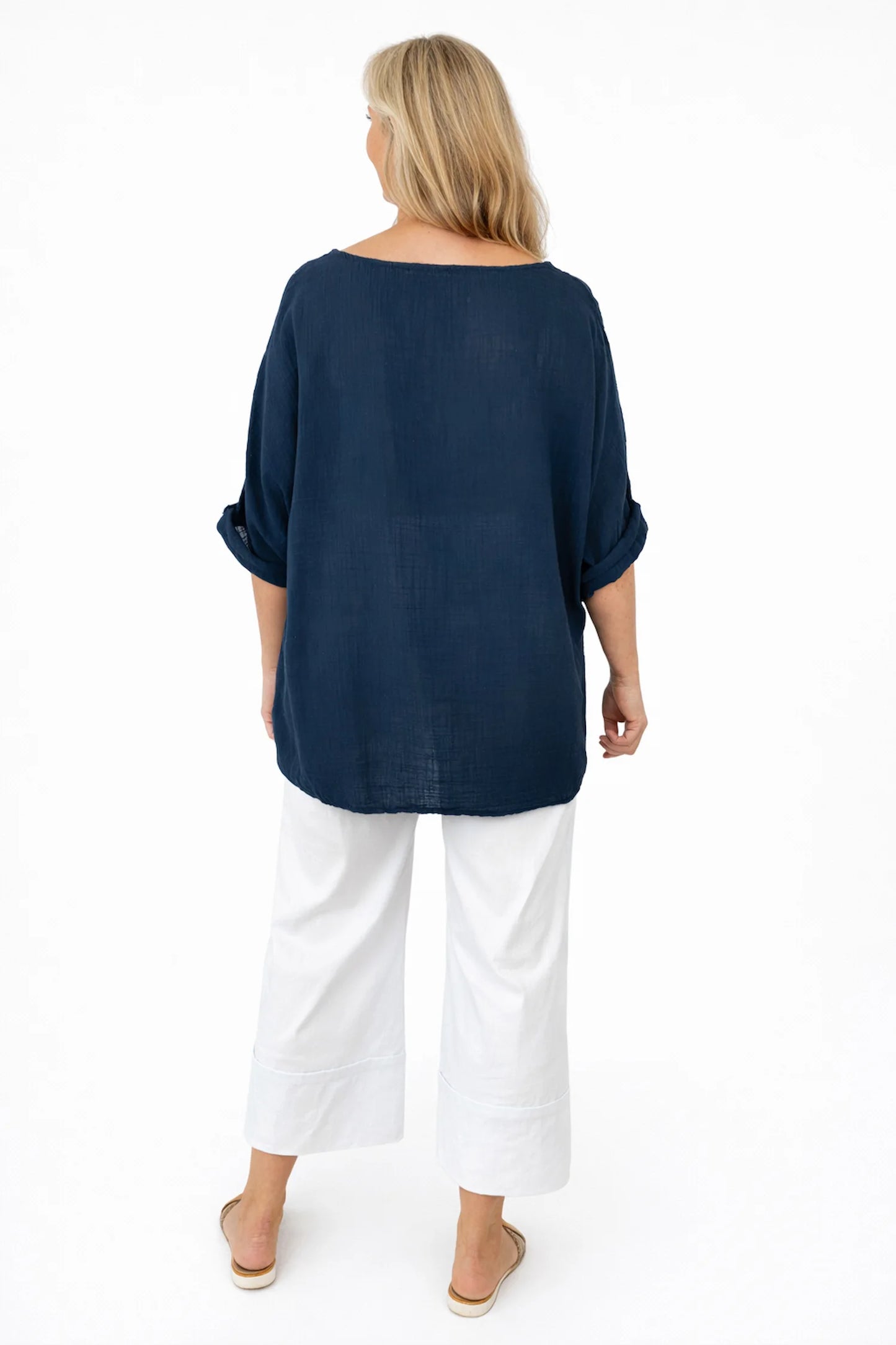 Pure Cotton Linen Look Italia Necklace Top - Navy