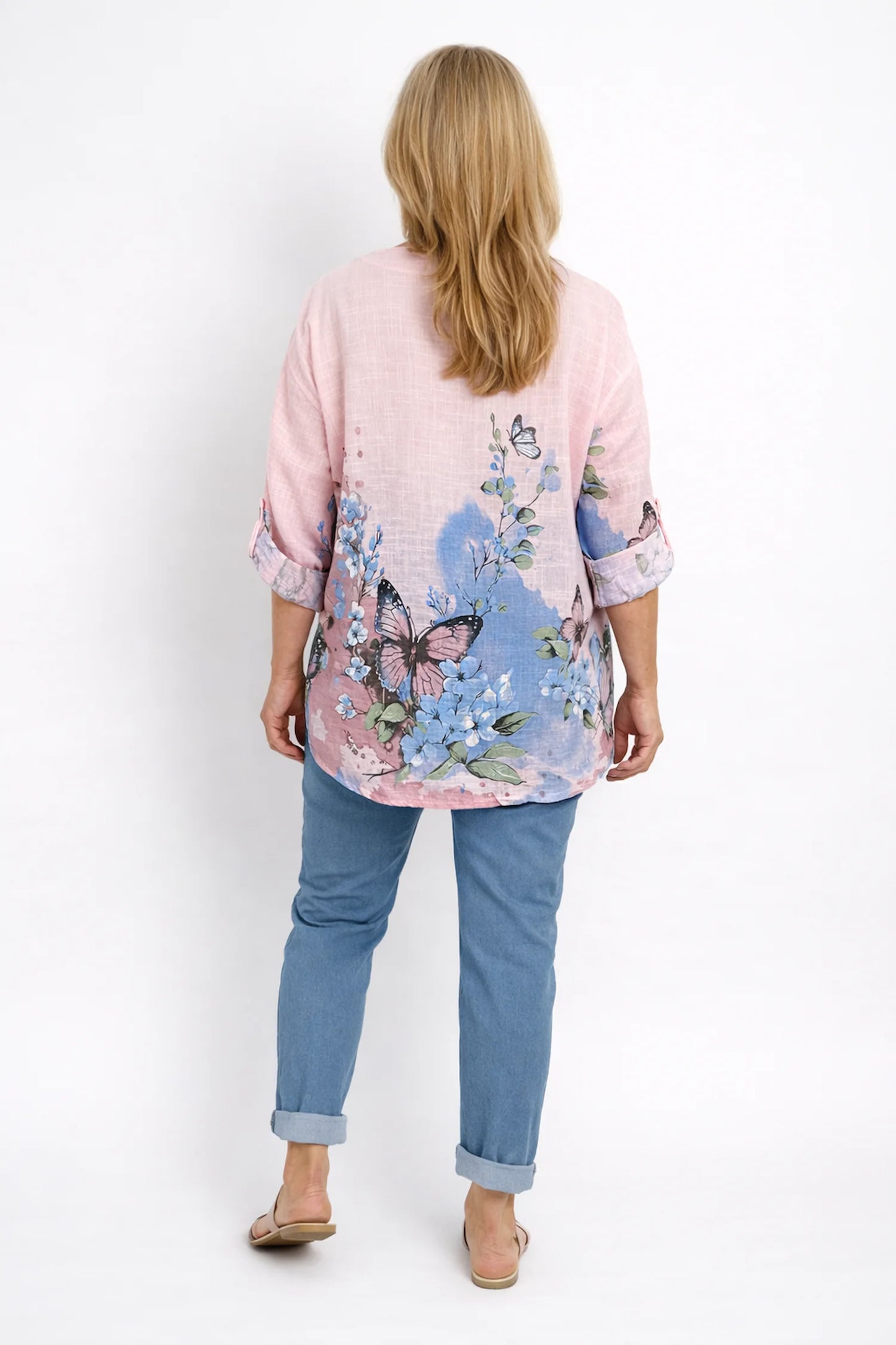 Pure Cotton Button Sleeve Button Detail Talia Shirt - Baby Pink