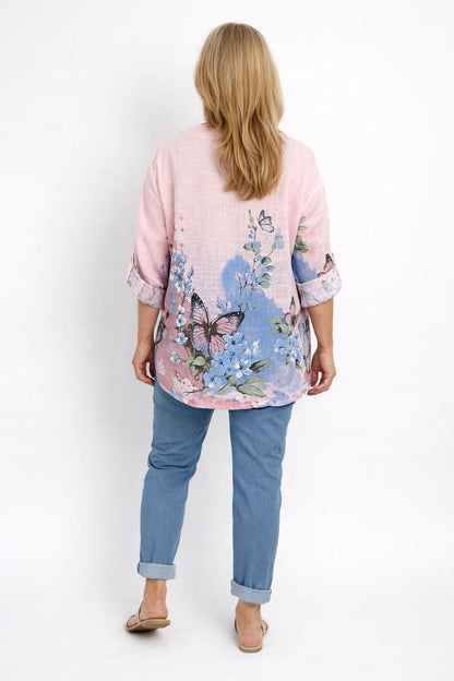 Pure Cotton Button Sleeve Button Detail Talia Shirt - Baby Pink