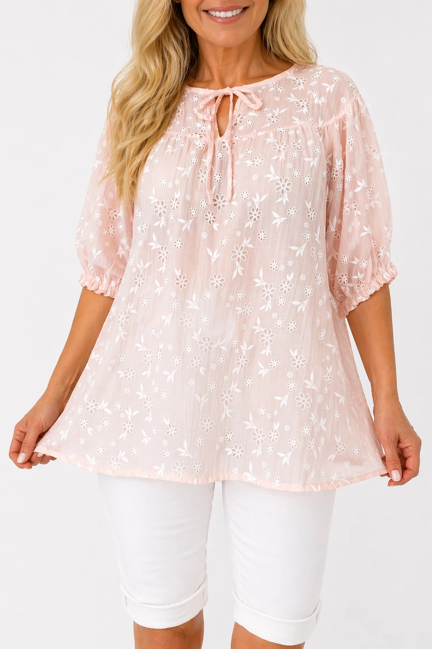 Embroidered Floral Tied Detail Calara Blouse - Baby Pink
