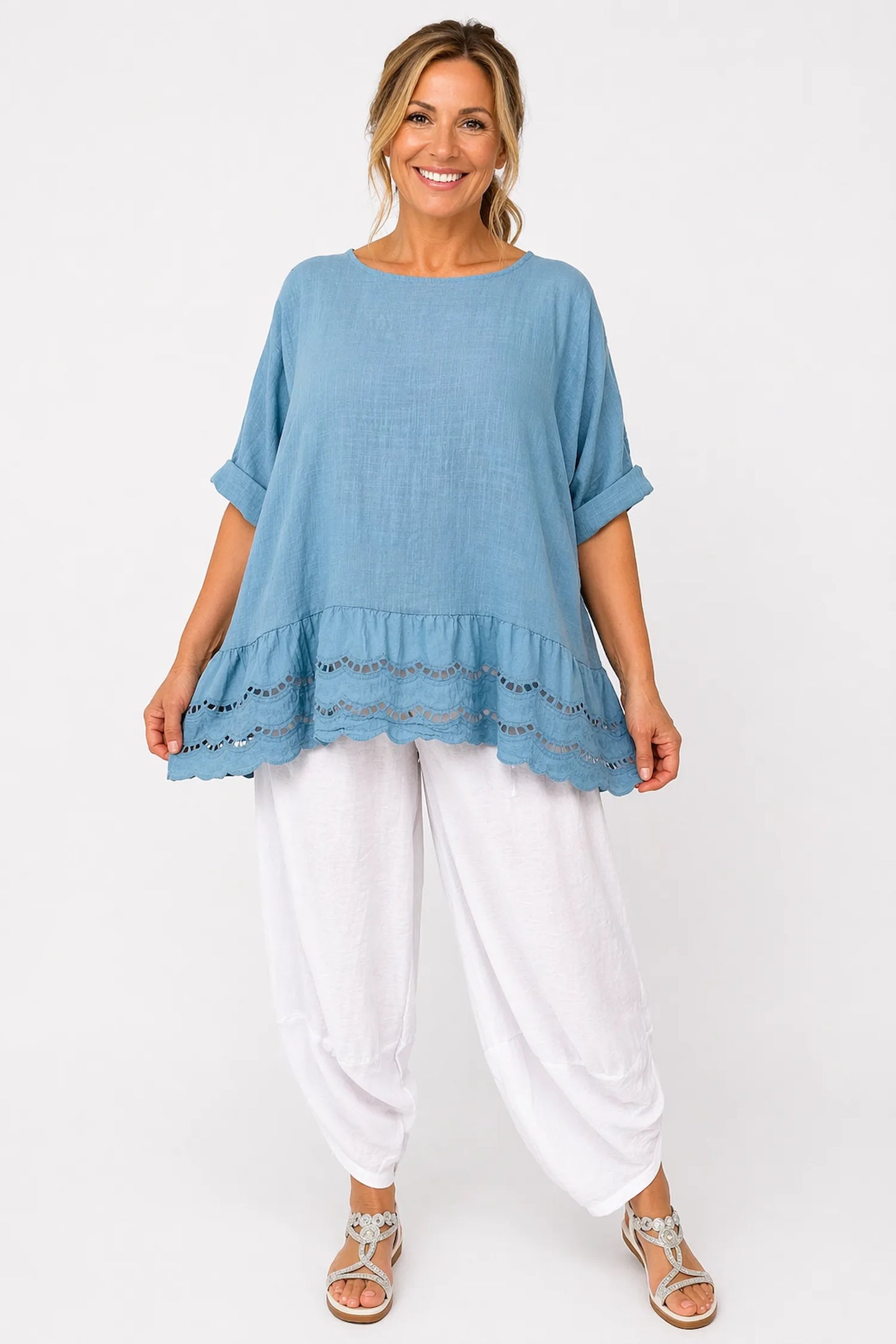 Pure Cotton Embroidery Anglaise Crochet Hem Caprina Top - Denim