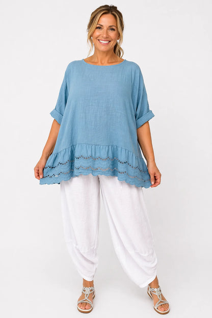 Pure Cotton Embroidery Anglaise Crochet Hem Caprina Top - Denim