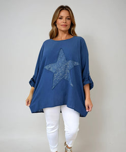 Cotton Sparkle Star Siana Button Sleeve Batwing Top - Navy