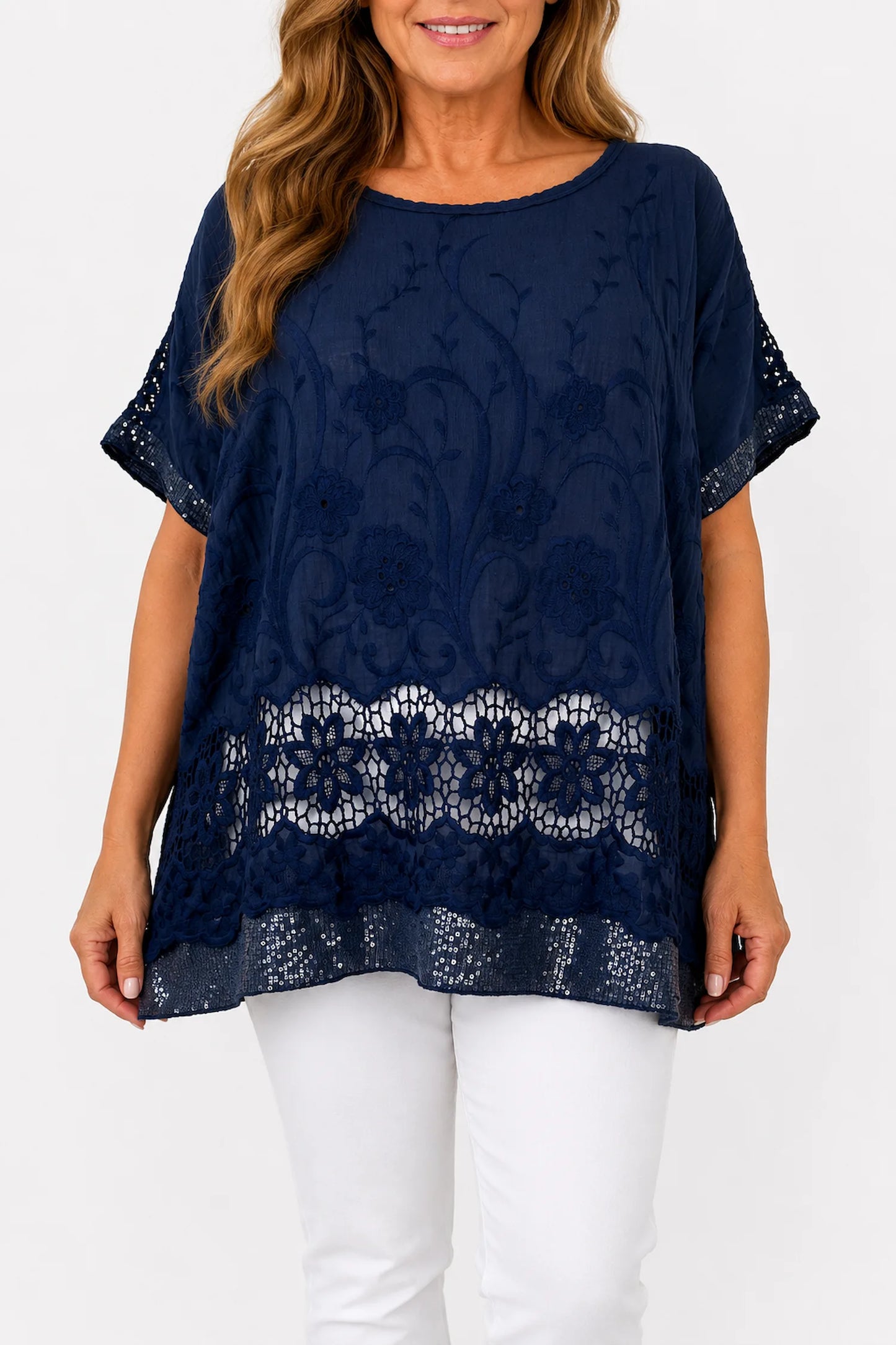 Cotton Crochet Detail Embroidery Anglaise Sequin Hem/Sleeve Selina Top - Navy