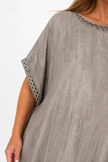Crochet Lattice Trim Lightly Textured Marsi Top - Mocha