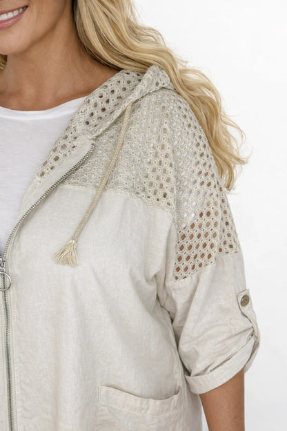 Pure Cotton Linen Look Mesh Detail Button Sleeve Double Pocket Rosalie Zipped Hoodie - Beige