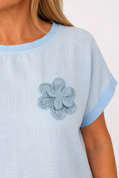 Linen Cotton Mix Mesh Hem Embroidered Flower Tiffany Top - Baby Blue