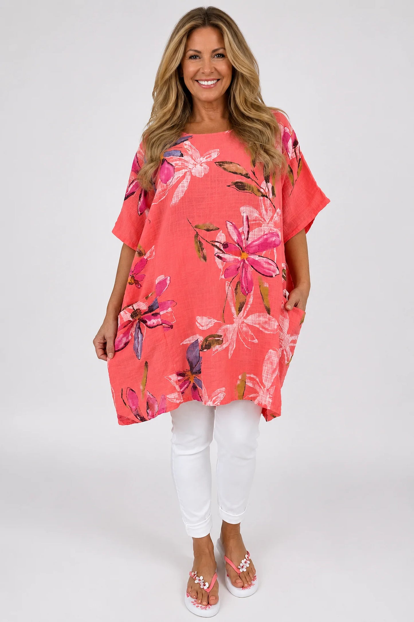 Pure Cotton Double Pocket Livia Tunic Top - Coral