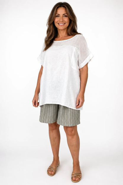 Linen Cotton Mix Mesh Detail Amalfi Pocket Top - White