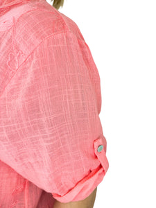 Pure Cotton Embroidery Anglaise Button Sleeve Elara Shirt - Coral