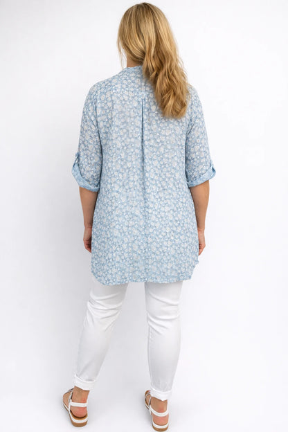 Linen Look Cotton Button Sleeve Daisy Button Shirt - Baby Blue