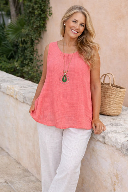 Fully Lined Cotton Italia Necklace Vest - Coral